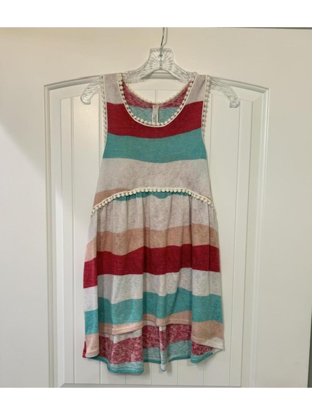 🩵 Striped Pom‑Pom Trim Tank — Size Small High-low Racerback